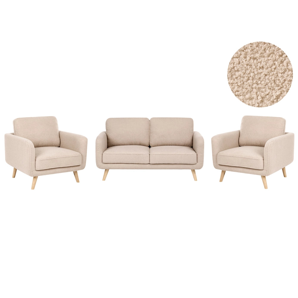 Set da soggiorno 4 posti con divano a 2 posti e poltrone in bouclé beige, gambe in legno di quercia, stile tradizionale