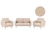 Set da soggiorno 4 posti con divano a 2 posti e poltrone in bouclé beige, gambe in legno di quercia, stile tradizionale