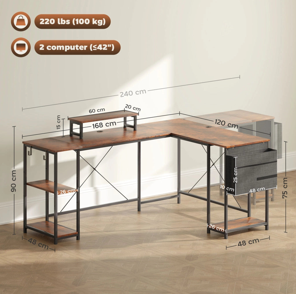 Scrivania angolare 168x120 cm marrone con ripiani e supporto monitor