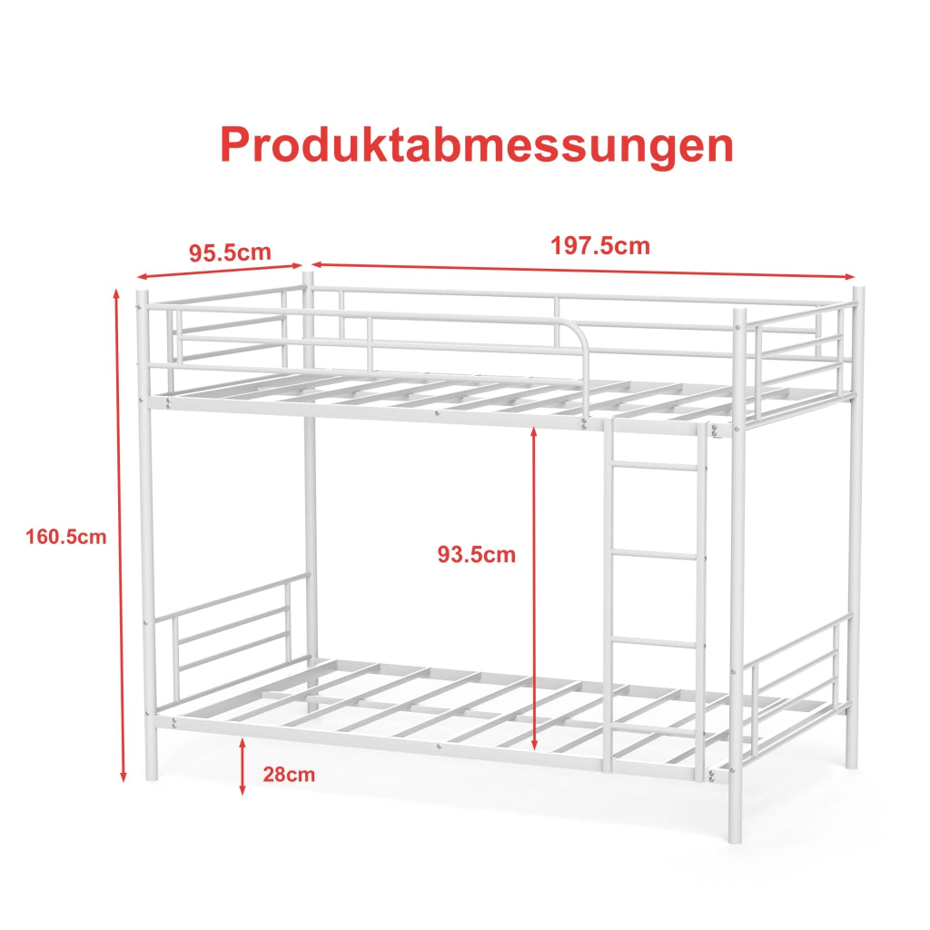 Letto a castello 90 × 190 cm con scala in metallo e barriera di sicurezza, senza materasso, bianco