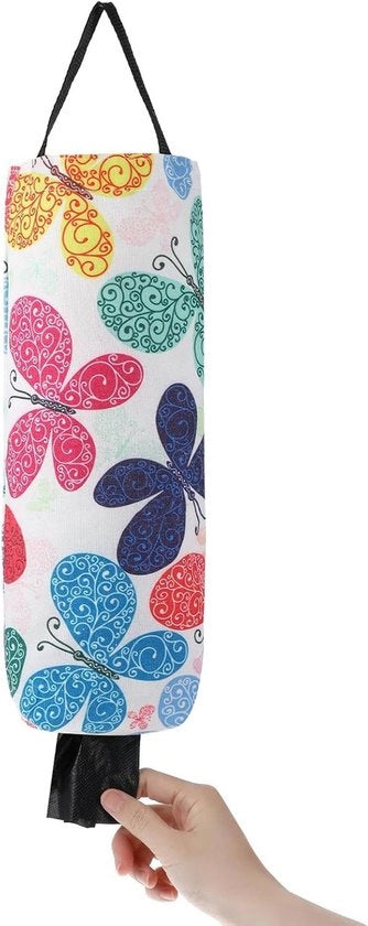 Organizzatore per tazze riciclabili con chiusura in plastica - Dispensatore per tazze riciclabili con attacco a muro - Organizzatore per sacchetti della spazzatura in tela - Supporto per tazze riciclabili con design floreale da appendere
