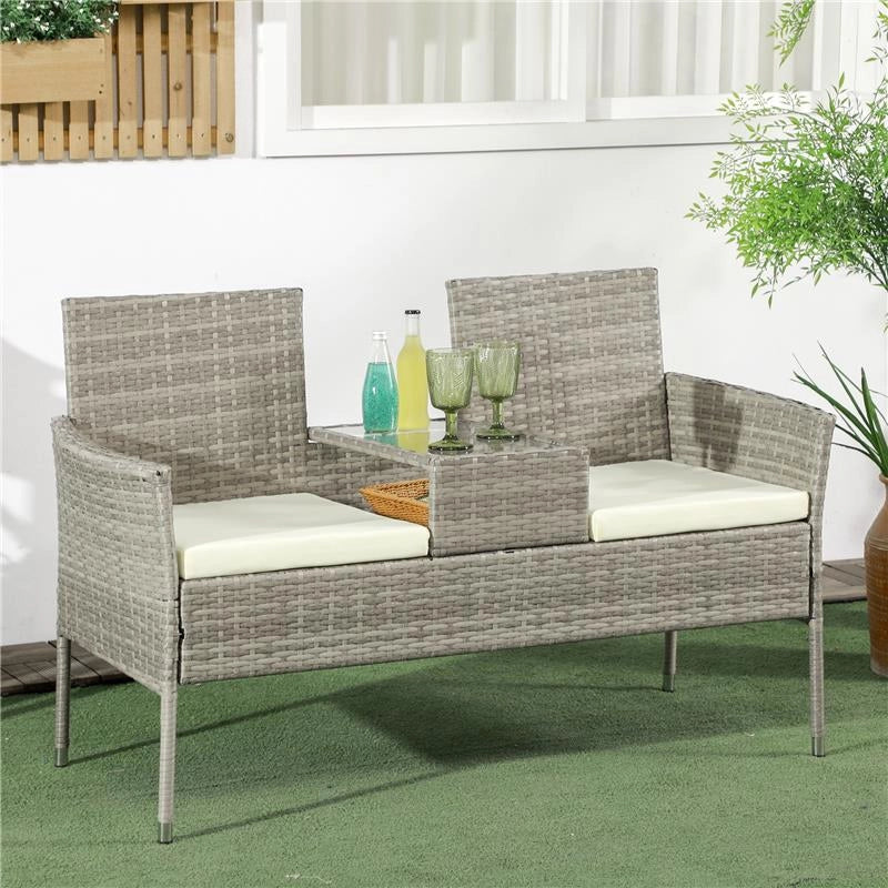 DIVANETTO PER ESTERNI 2 POSTI CON TAVOLINO DA CAFFÈ IN ACCIAIO E RATTAN PE 137X59X82 CM GRIGIO E CREMA