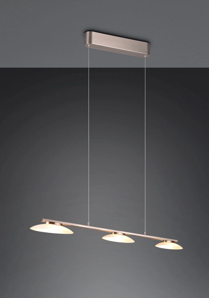 MERTON SOSPENSIONE LED 27W 2850lm, 3000K METALLO ACCIAIO CON 3 DIFFUSORI VETRO DIMMERABILE AD INTERRUTTORE L. 102CM
