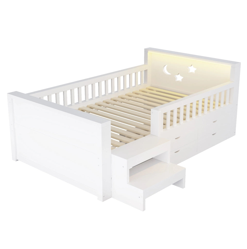 Letto per bambini 90x200 cm con LED, 4 cassetti e sponde in MDF bianco