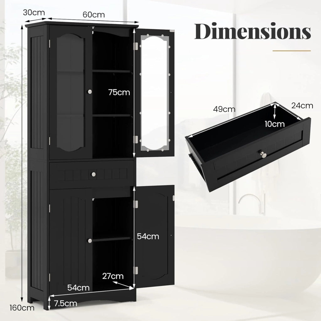 Mobile da Bagno a Terra, Armadietto da Bagno Alto, Mobiletto da Bagno Moderno, con 4 Ante in Vetro e 1 Cassetto, Ripiani Regolabili in Altezza, Ampio Spazio di Stoccaggio per Casa (Nero)