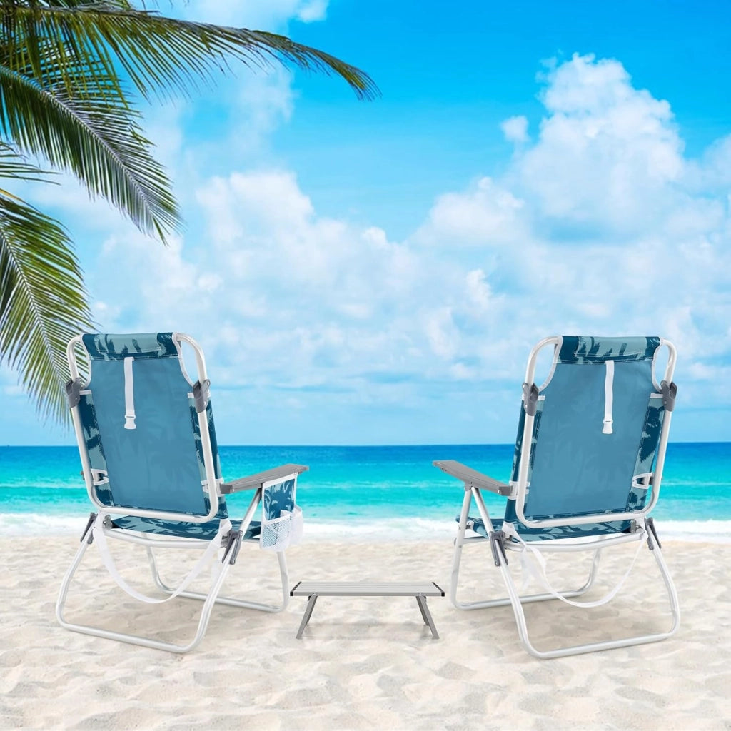 Sedie da spiaggia pieghevoli con tavolo, sedie da campeggio con poggiatesta e schienale regolabile, beach chair con sacchetto di ghiaccio e portabevande e custodia fino a 136/150 kg (modello