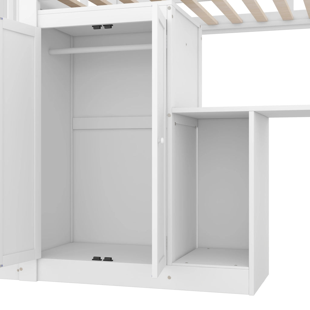 Letto a Soppalco 90 x 200 cm; Letto Singolo con Scrivania; Armadio; 3 Cassetti e Scala Contenitore; senza Materasso