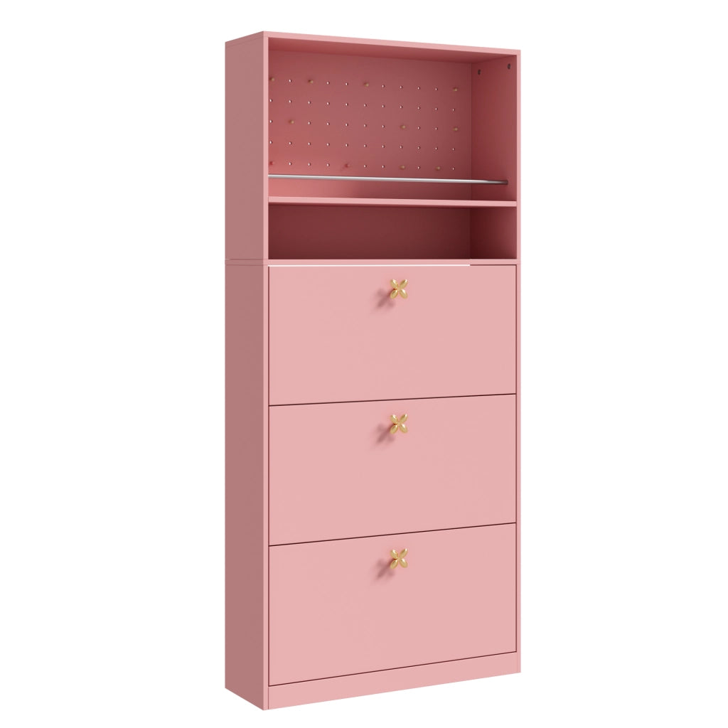 Scarpiera alta e stretta con 3 vani a ribalta, vano aperto superiore e cassetti, colore rosa, 80 ¡Á 24 ¡Á 178,5 cm