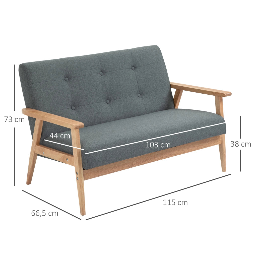 Divano a 2 posti compatto con imbottitura e rivestimento in lino grigio scuro per soggiorno 115 × 66,5 × 73 cm