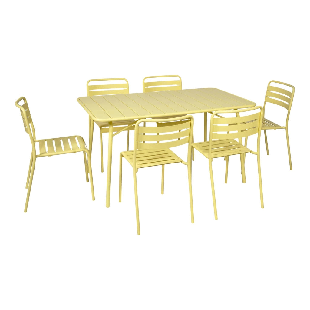 Set tavolo da giardino in acciaio con 6 sedie, 140cm, giallo