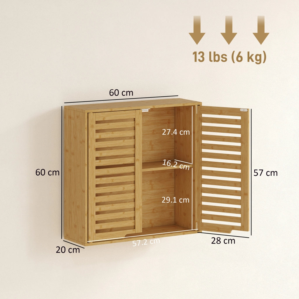 Pensile Bagno 60x20x60 cm con Ripiano Interno e Ante a Persiana in Bambù Color Legno