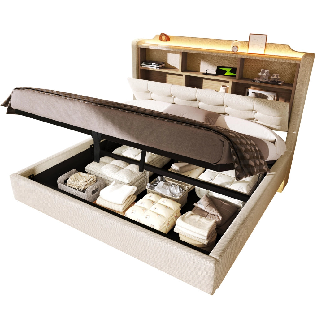 Letto imbottito 140x200 cm con contenitore idraulico e LED beige