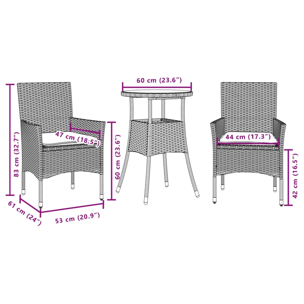 Set da Pranzo da Giardino 3pz con Cuscini Polyrattan e Vetro 3278619