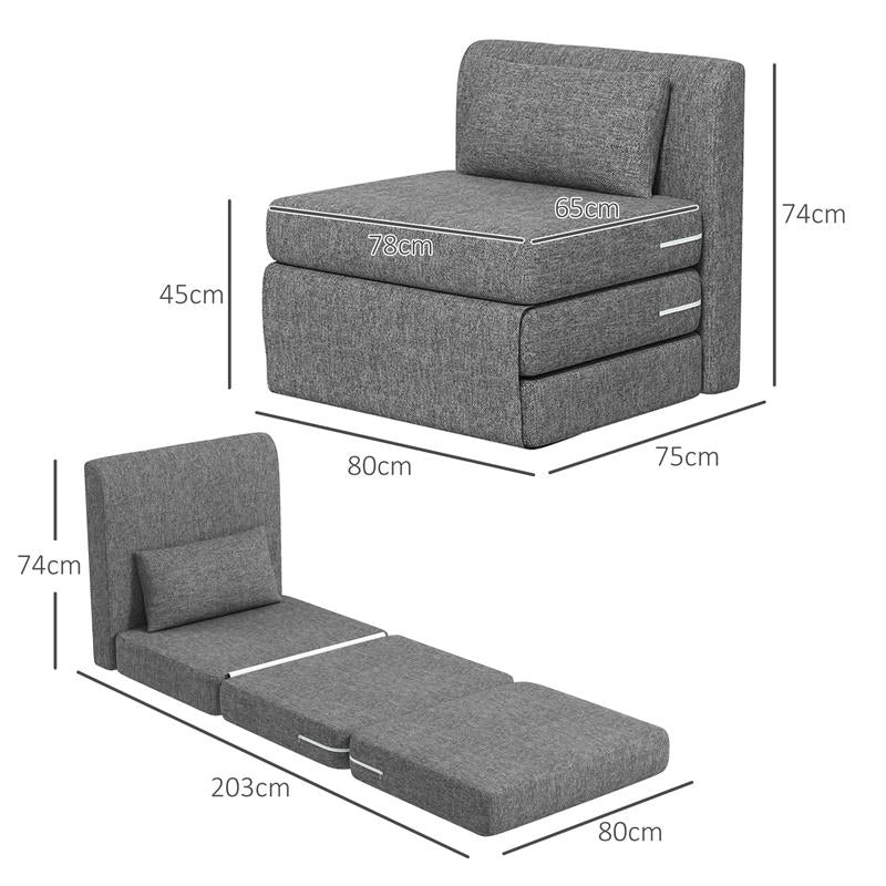 POLTRONA LETTO PIEGHEVOLE DA TERRA A 3 SEZIONI SALVASPAZIO IN TESSUTO 80X75X74 CM GRIGIO
