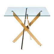 Tavolo da pranzo quadrato con piano in vetro e gambe incrociate in metallo; Stile Moderno; 80×80×75 cm; Oro