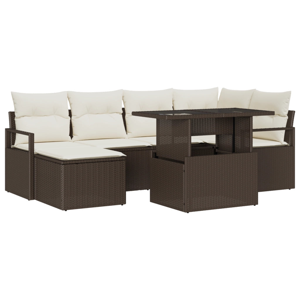 Set Divano da Giardino  7 Pezzi con Cuscini Marrone Polyrattan