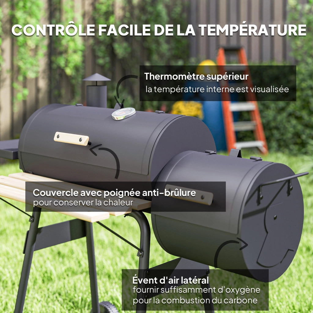 Barbecue a Carbone con Coperchio e Affumicatore Smoker, BBQ da Giardino con Ruote, Termometro e Ripiani, Nero