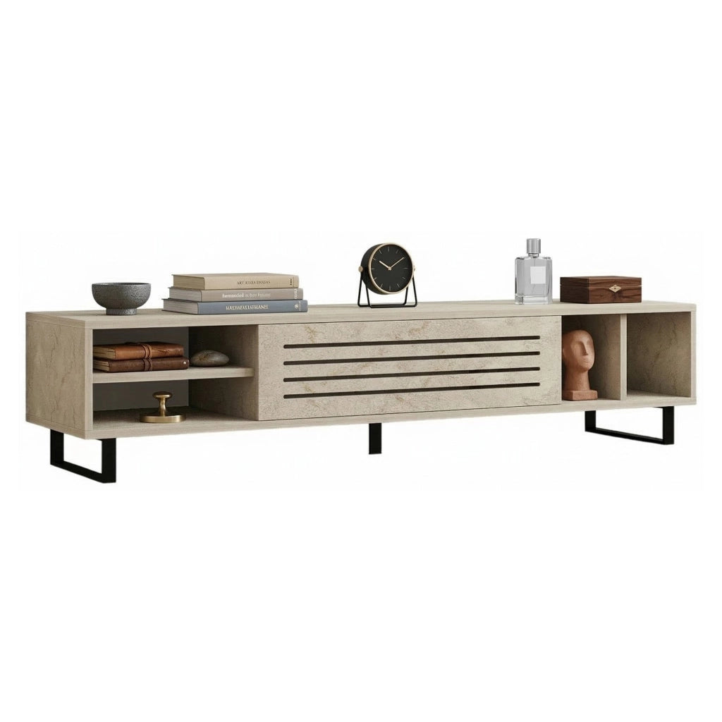 Sovico, Mobile Porta tv un Ripiano, 160x40x35h cm Beige Marmo