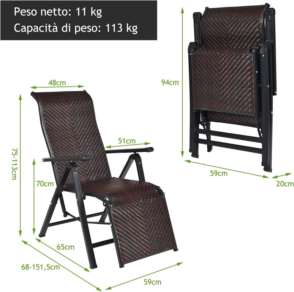 Sedie Pieghevoli e Reclinabili in Rattan, Chaise Longue Portatile con Schienale Regolabile, Sedia a Sdraio da Esterno con Braccioli Ampi, Struttura in Acciaio, per Interno ed Esterno (1)