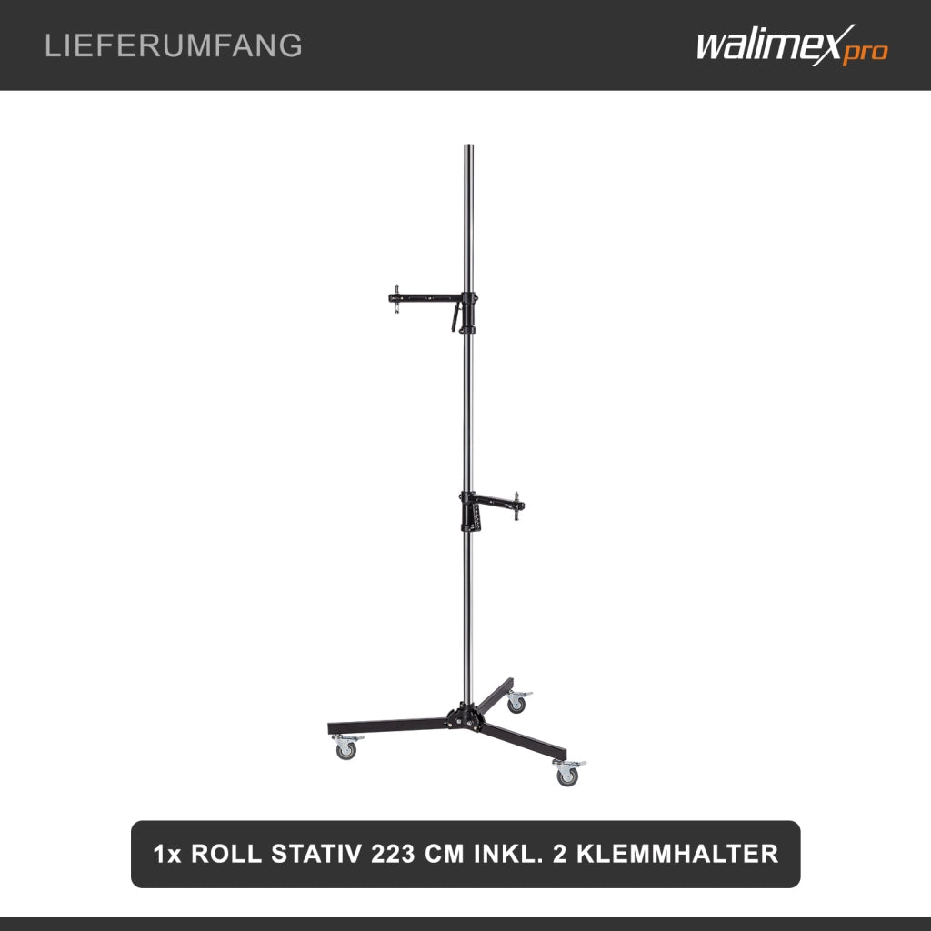 Cavalletto fotografico a rotelle 223 cm max 12 kg, Stativo per luci con due morsetti regolabili e spigot 5/8" per apparecchiature fotografiche