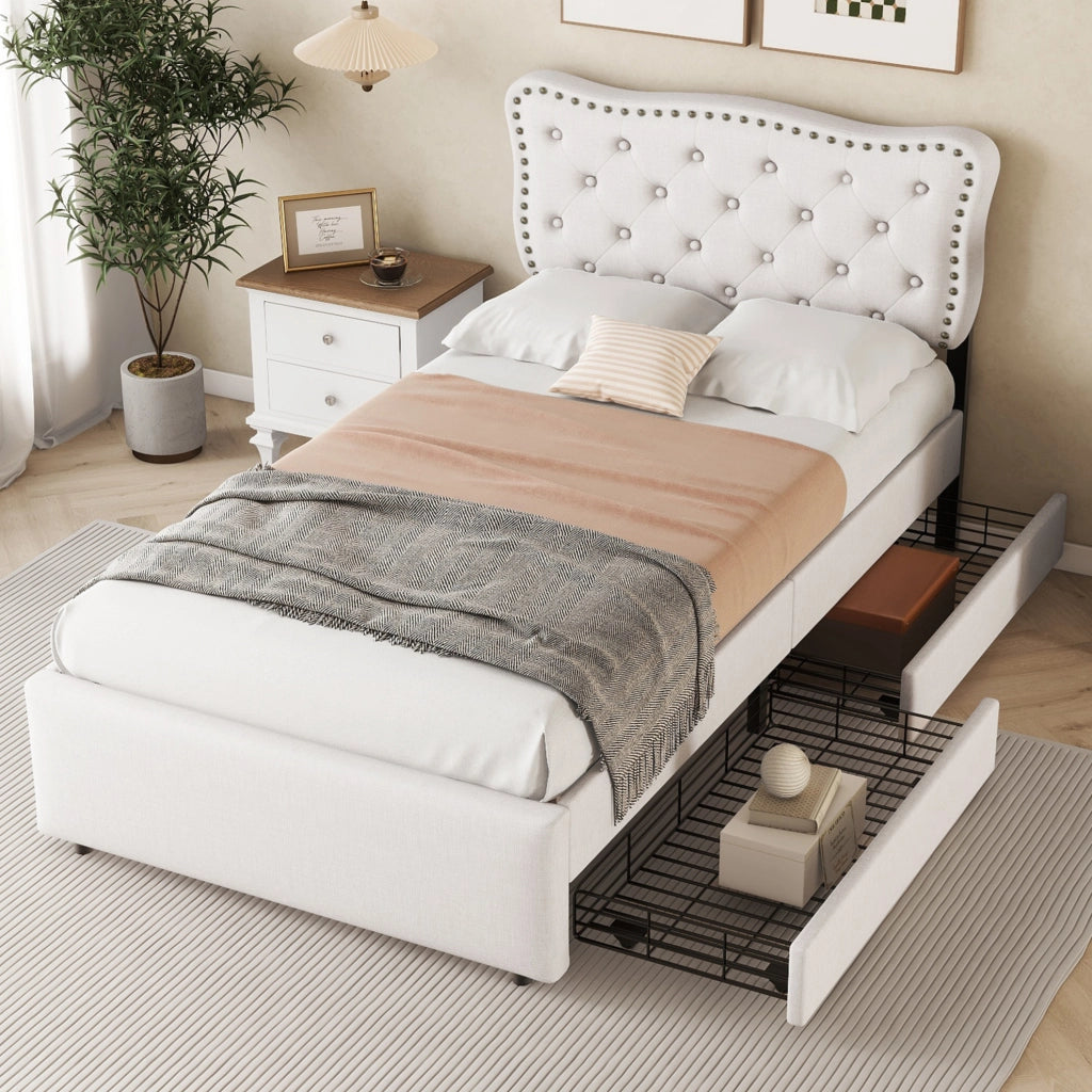 Letto imbottito 90x200 cm con cassetti; bottoni decorativi; MDF; beige chiaro