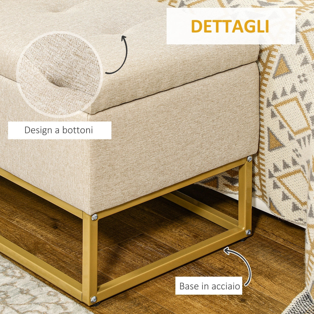 Panca con Contenitore in Poliestere Trapuntata con Gambe in Acciaio d'oro, 110x44x48cm, Beige