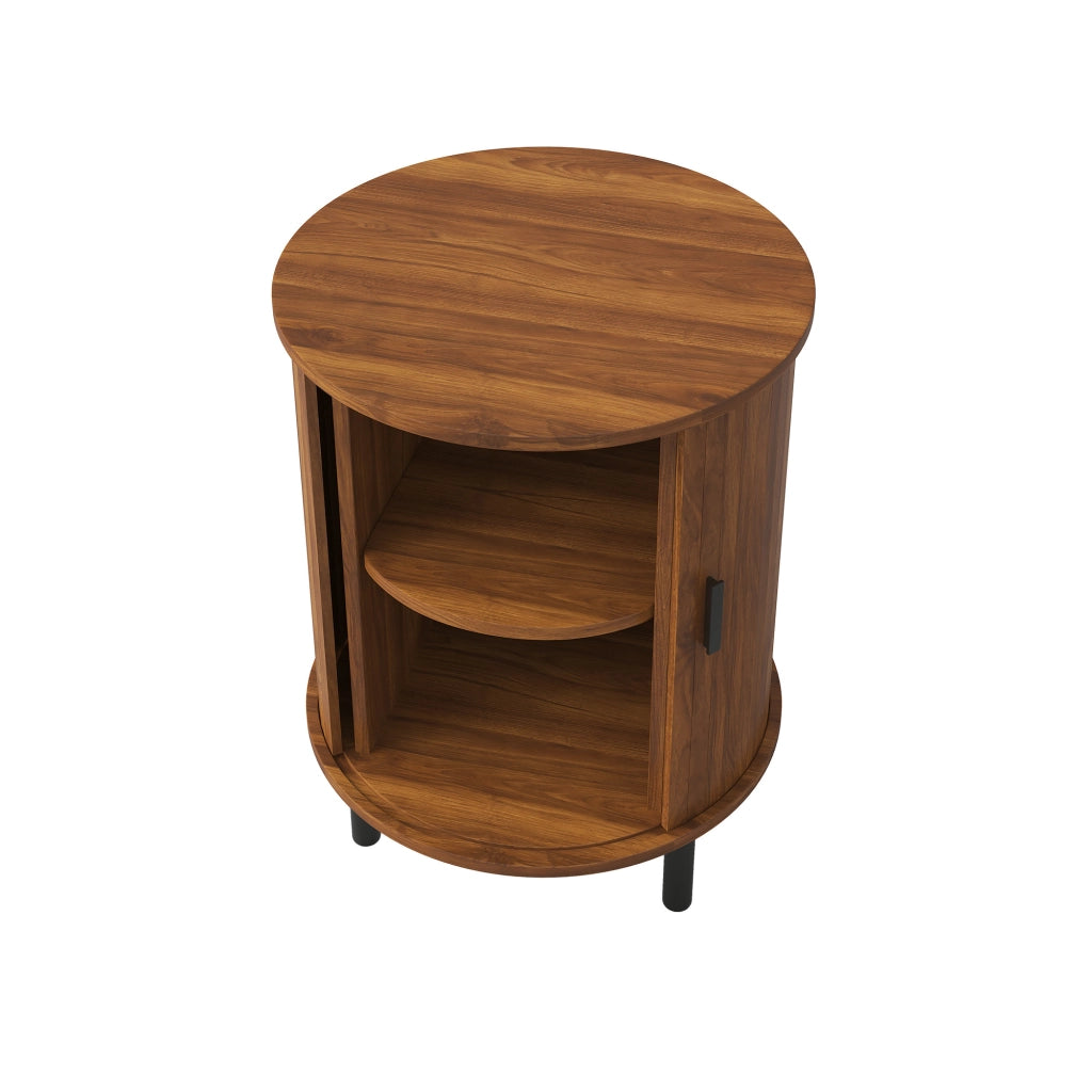 Mobile contenitore rotondo con 1 anta scorrevole e 1 ripiano - per soggiorno e camera da letto - in MDF e truciolare - 48x48x65 cm - noce