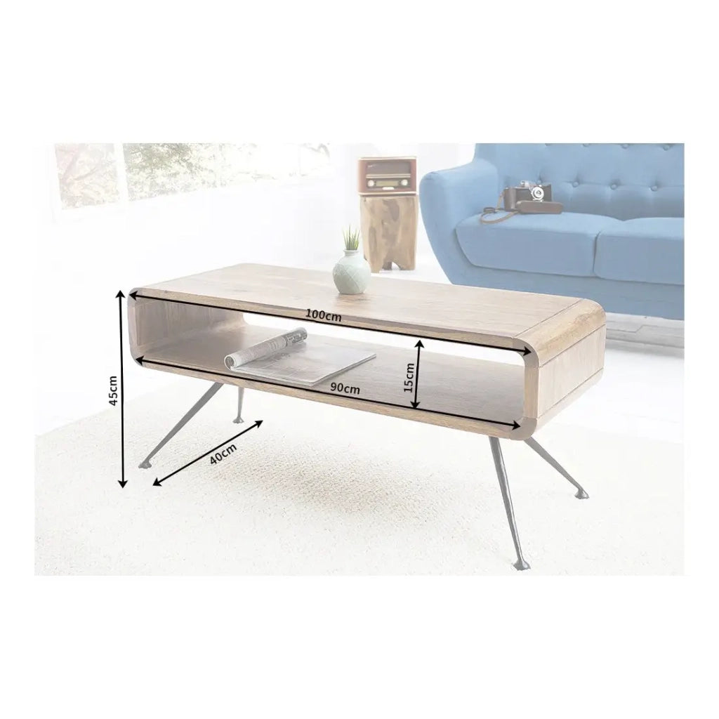 Tavolino basso RETROVA 100 cm in legno di Sheesham verniciato con gambe in metallo nero e spazio di stoccaggio