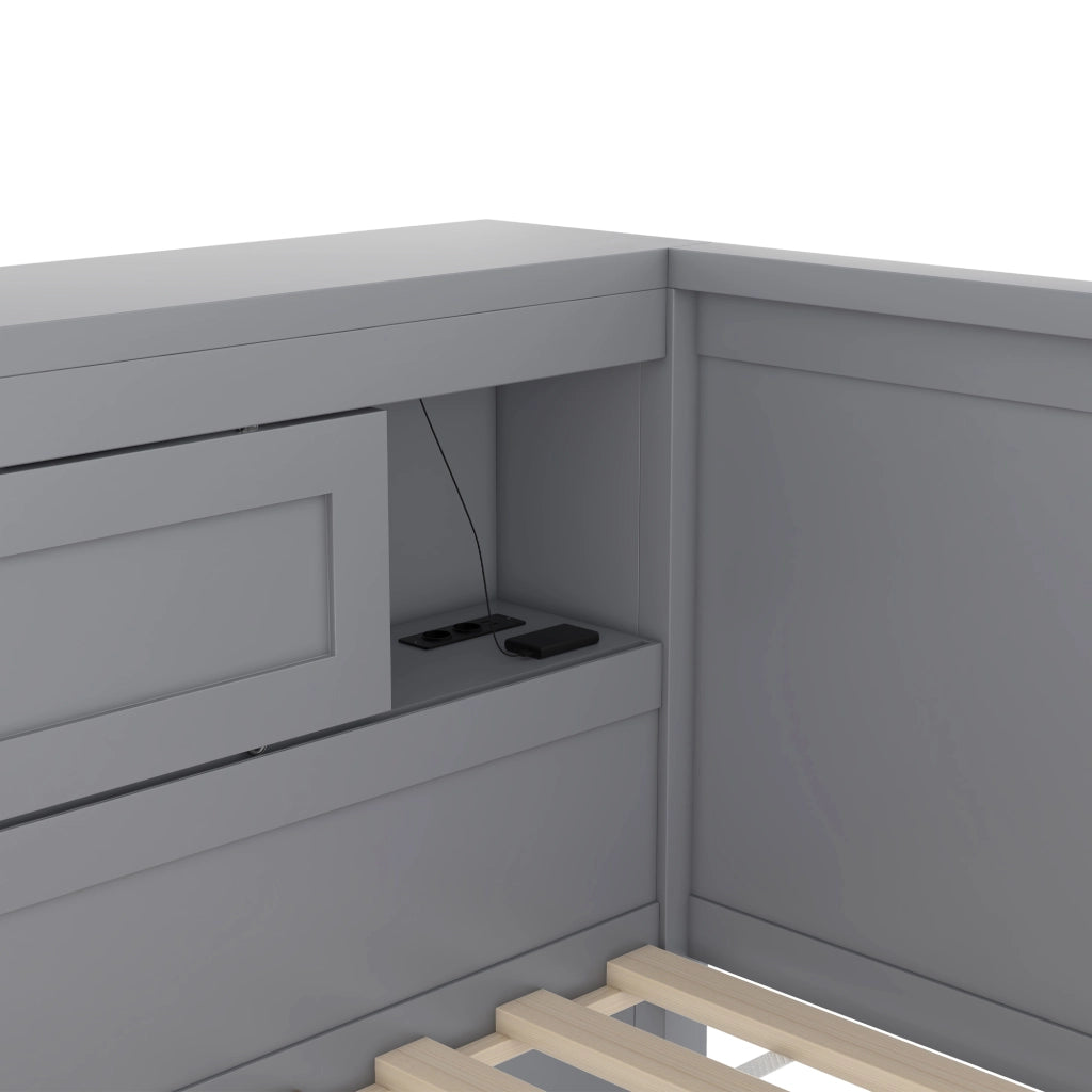 OKWISH Letto a Scomparsa 90×200 cm, Letto Singolo con Letto Estraibile, LED e Prese con USB, senza Materasso, Grigio