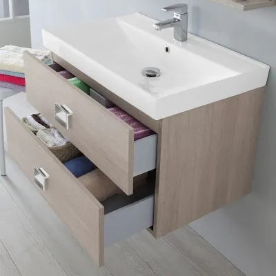 Mobile bagno sospeso 75x51 cm rovere chiaro con due cassetti completo di lavabo specchio e mensola Bravo