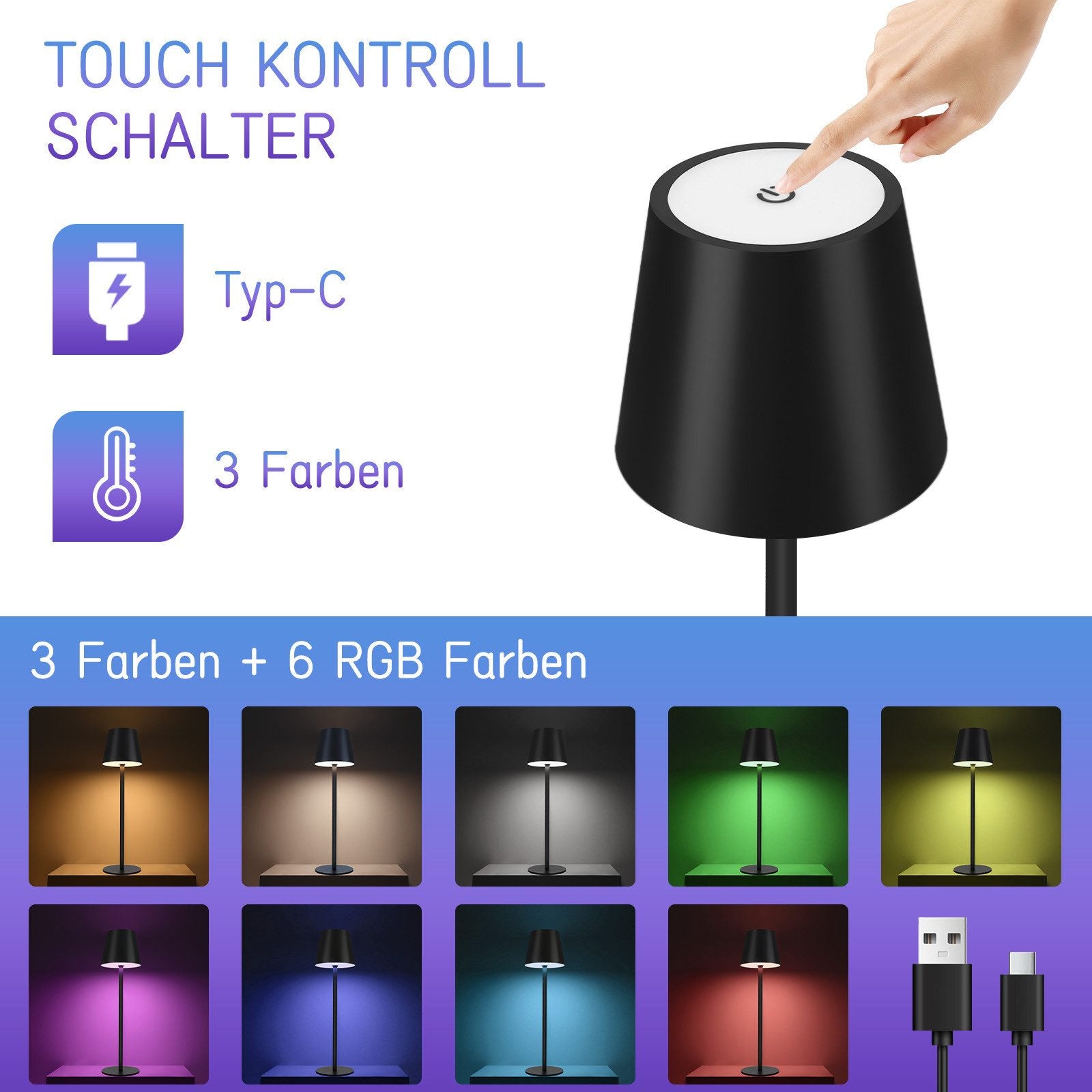 ZMH Lampada da tavolo LED wireless set 2 pezzi nera RGB 2600mAh touch dimmerabile USB TypeC ricaricabile percamera letto