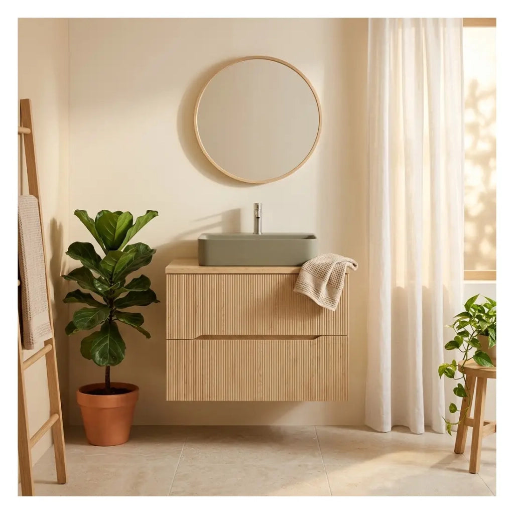 Set da bagno NATURA 80cm: mobile sottolavabo + piano per lavabo in aspetto legno chiaro scanalato verticalmente