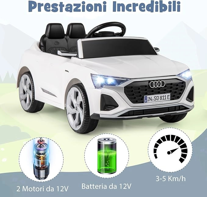 12V Audi Auto Elettrica per Bambini, Veicolo Elettrico con Telecomando Clacson Luci LED Musica, 3 Velocità 3-5 Km/h, Avvio Morbido, Auto per Bambini 3 Anni+ (Bianco)