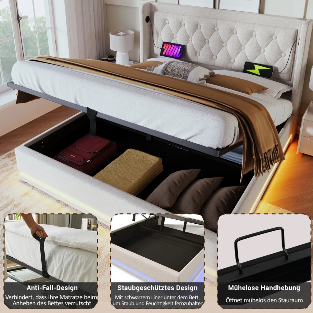 Letto matrimoniale contenitore 180x200 cm beige con LED e USB-C