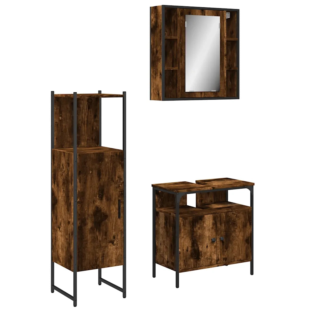 Set Mobili da Bagno 3 pz Rovere Fumo in Legno Multistrato