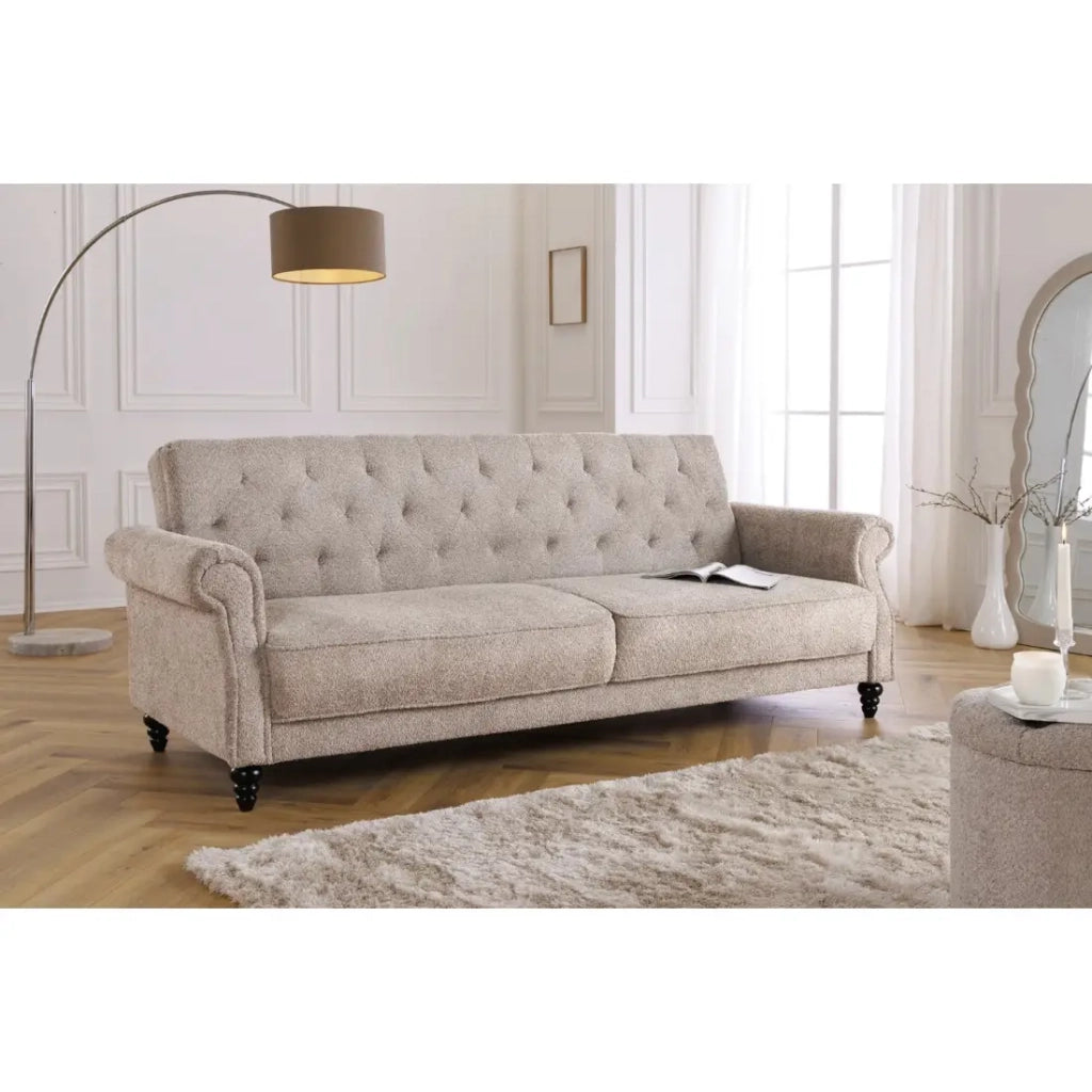Divano trasformabile MILES beige – Divano classico in tessuto bouclé con struttura in legno massiccio