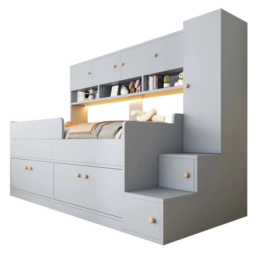 Letto a soppalco per bambini 90x200 cm con armadio; vani contenitore; LED e barriera; grigio