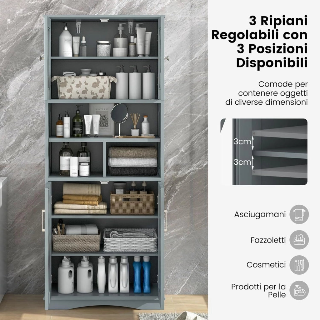 Mobile Bagno, Armadietto Salvaspazio con Porte in Acrilico, Ripiani Regolabili e Ampio Scomparto, Armadio da Terra in Legno per Soggiorno, Camera da Letto, Salotto e Cucina (Grigio)