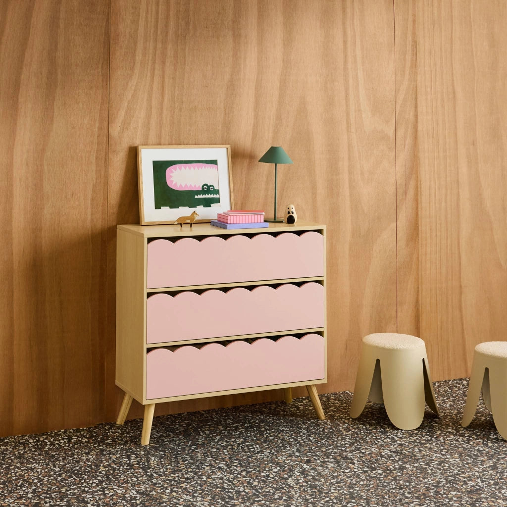 Cassettiera per bambini effetto legno 3 cassetti, rosa