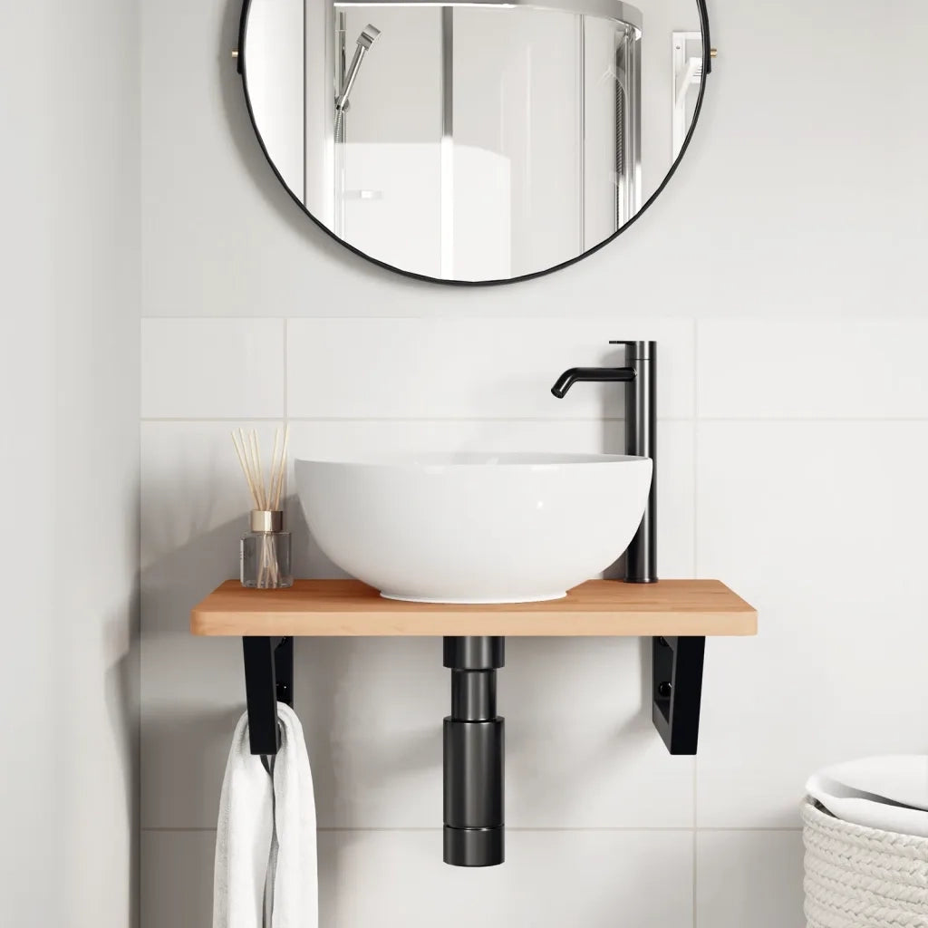 Ripiano a Parete per Lavabo-Mensole a Muro in Acciaio e Massello di Faggio 554092