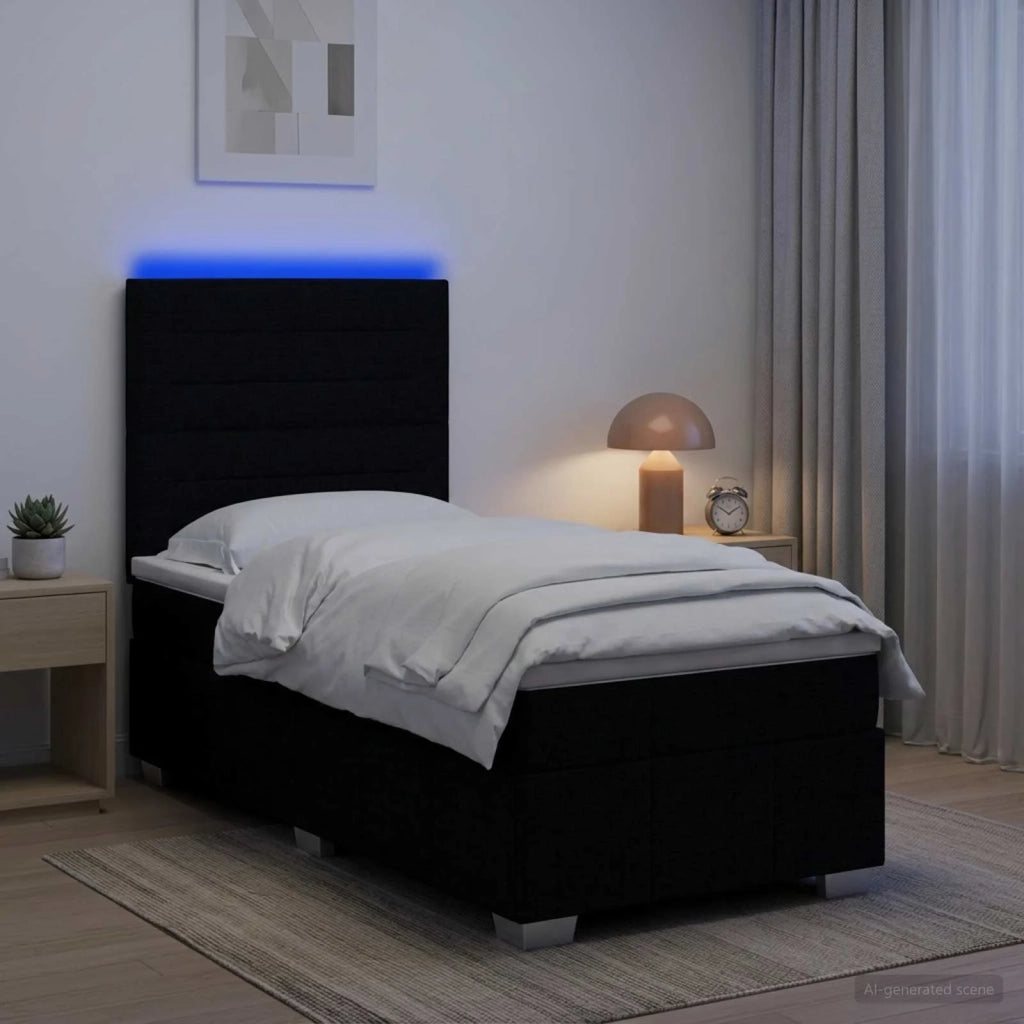 Letto Box Spring LED con Materasso Nero 90 x 200 cm Tessuto 3455509