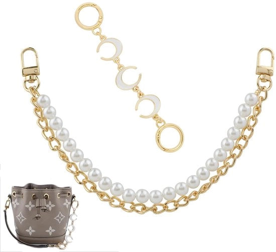 Due catene per borse, oro con perle e fermagamba, doppio per borsa a mano, portafoglio, cinturino, catena, cinturino di sostituzione, estensione catena, elegante catena con perle, borsa, estensione cinturino