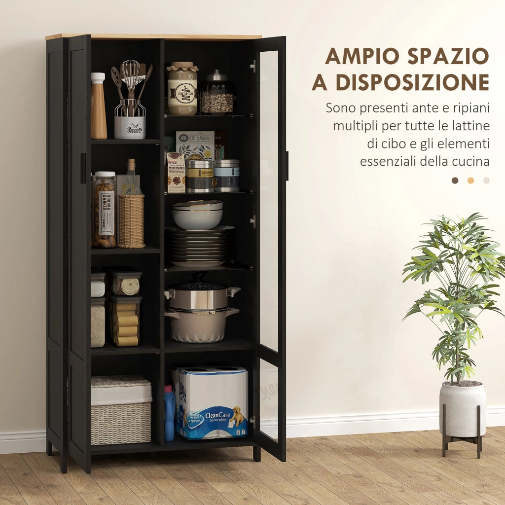 Credenza Stile Moderno Mobile Alto a 9 Ripiani Regolabili con Ante in Vetro 76x36x160 cm Nero e color Legno