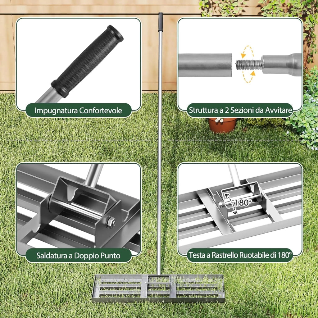 Rastrello Livellatore per Prato, Attrezzo per la Livellatura del Prato con Manico Ergonomico, Livellatrice per Giardino, Cortile, Campo da Golf, Fattoria e Pascolo (Argento 75 x 25 cm)