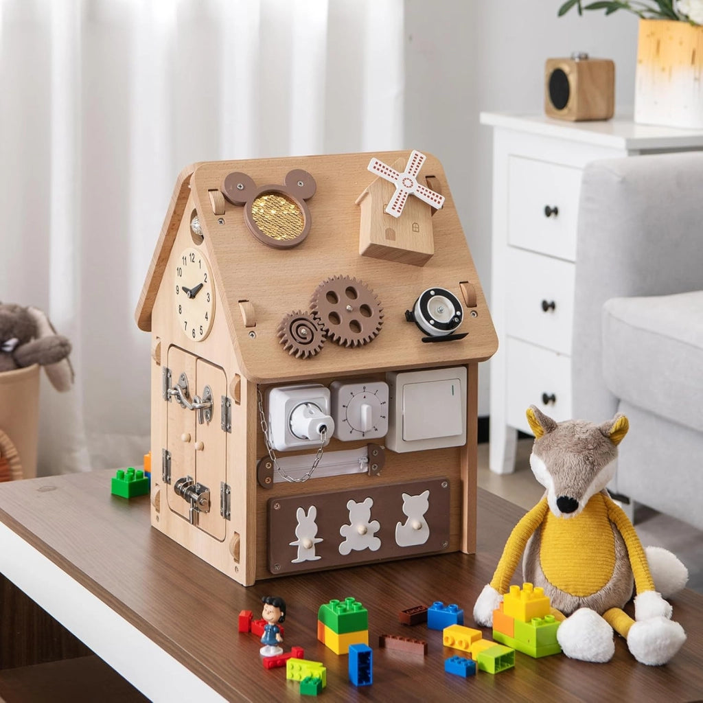 Occupato Montessori per Bambini in Legno, Casetta Giocattolo Piccola con Giochi Sensoriali e Vano Interno, Giochi Montessori per Motricità Fine, per Bambini 3 Anni+