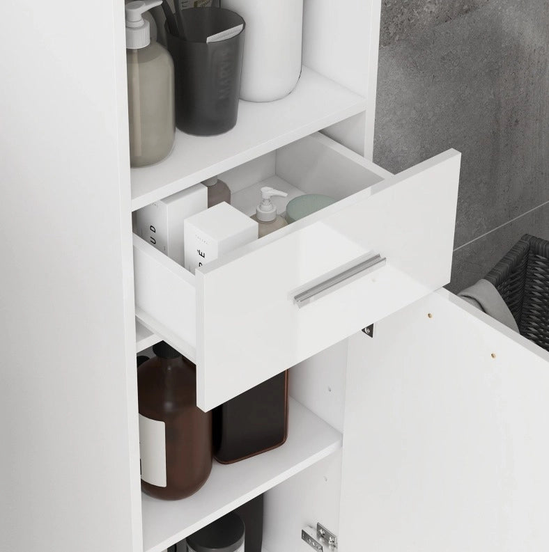 Colonna bagno salvaspazio con anta, cassetto e ripiani bianchi
