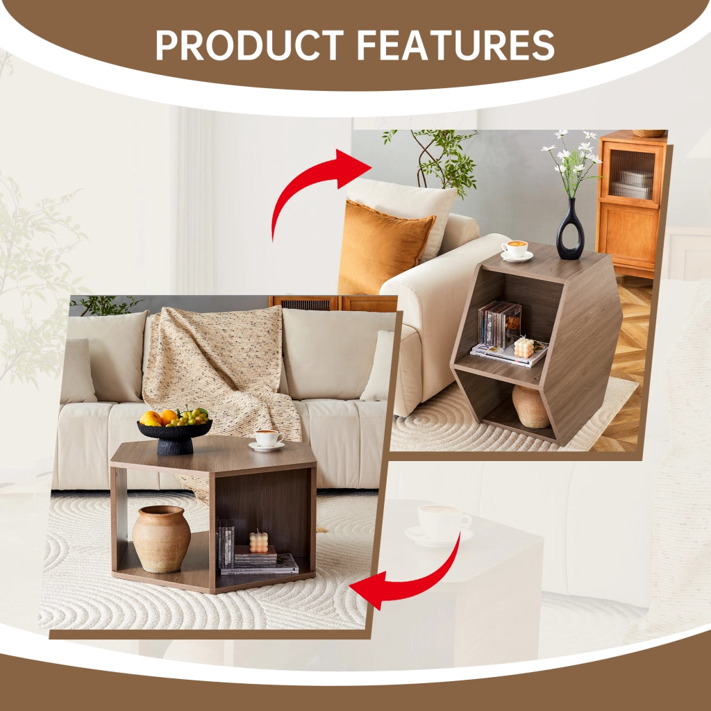 Tavolino da caffè esagonale con montaggio rapido - per soggiorno - 79x69.4x40 cm - in MDF - marrone