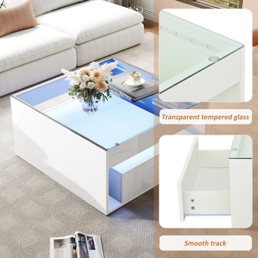 Tavolino da caffè con 2 cassetti e LED - per soggiorno - 70x70x35 cm - bianco