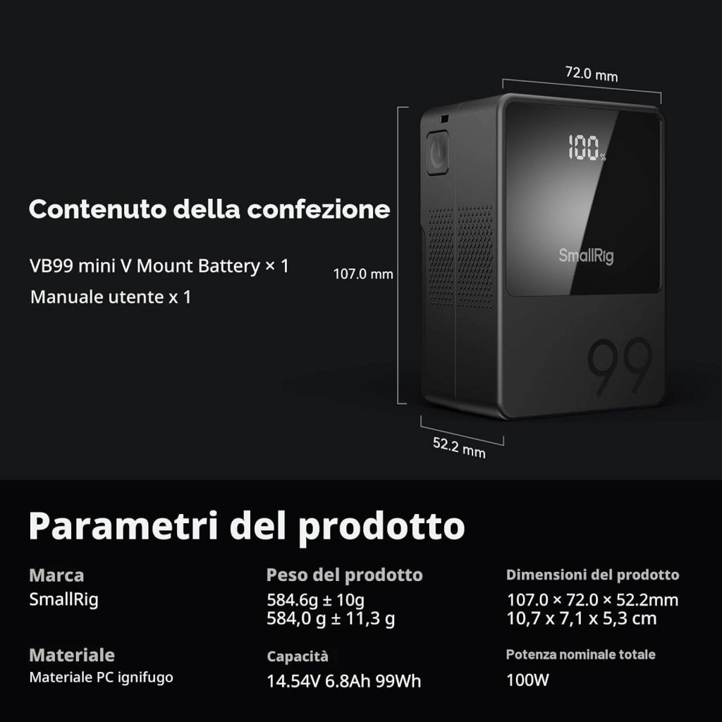 VB99 Batteria V Mount con Display OLED, 6700 mAh Batteria V Lock Portatile con Porta USB-C/USB-A/D-TAP/DC8V/DC12V/BP, 65W Ricarica Rapida PD Bidirezionale, per Camera/Monitor, Nero - 3580B