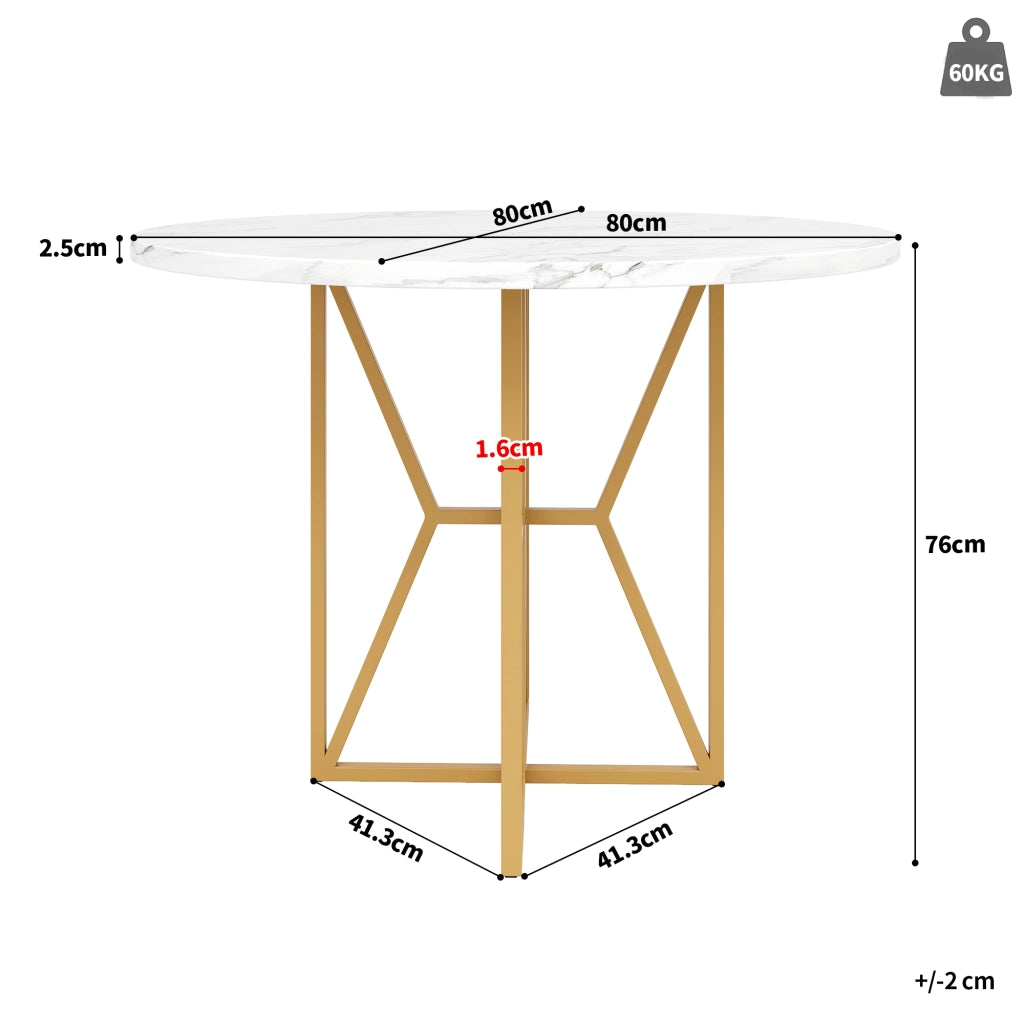 Tavolo da pranzo rotondo con piano in MDF effetto marmo e gambe in metallo regolabili per soggiorno, oro, 80 × 80 × 76 cm